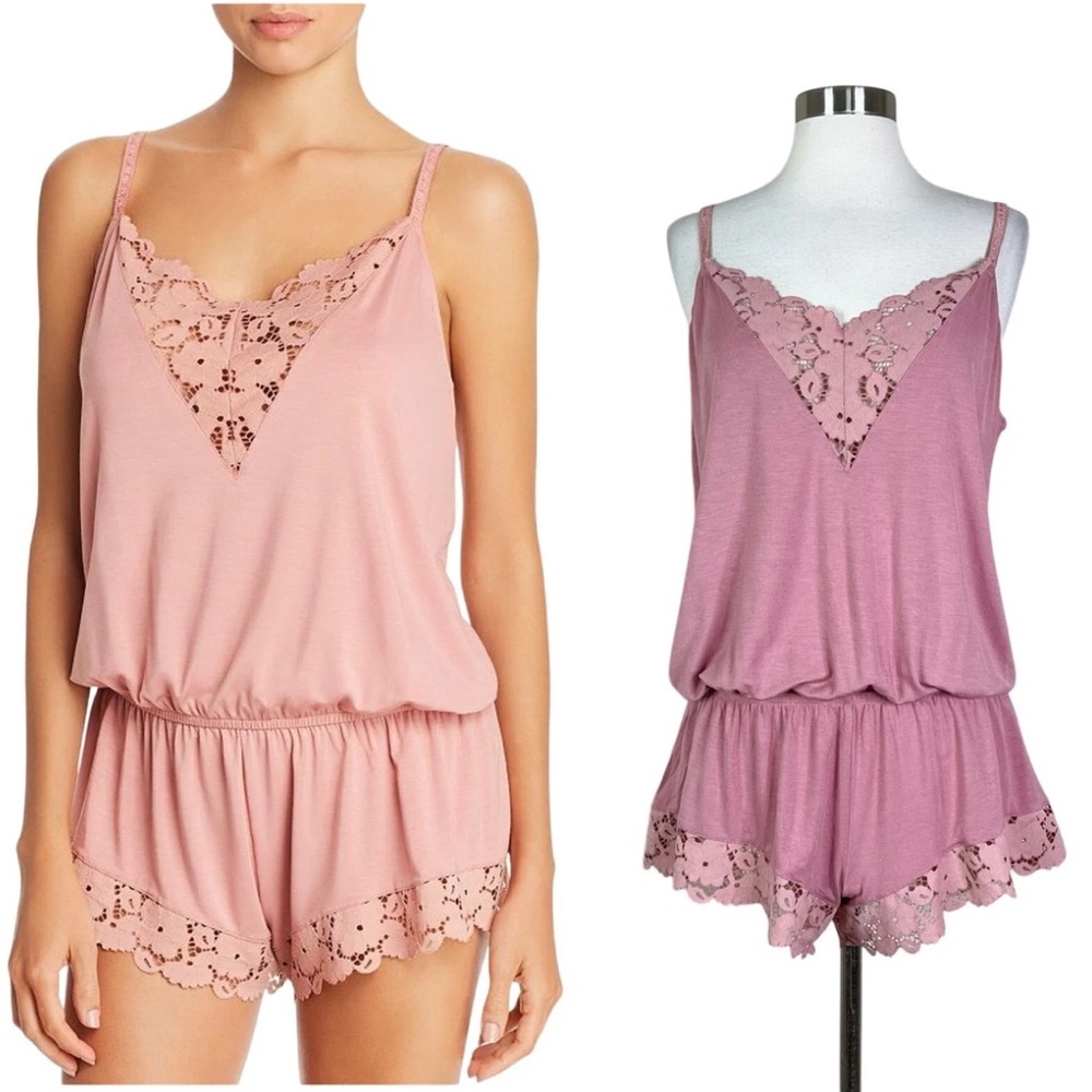 Eberjey Mariana Dreamer Lace Romper Onesie Rosewood Pink Teddy Mauve Pajamas - L